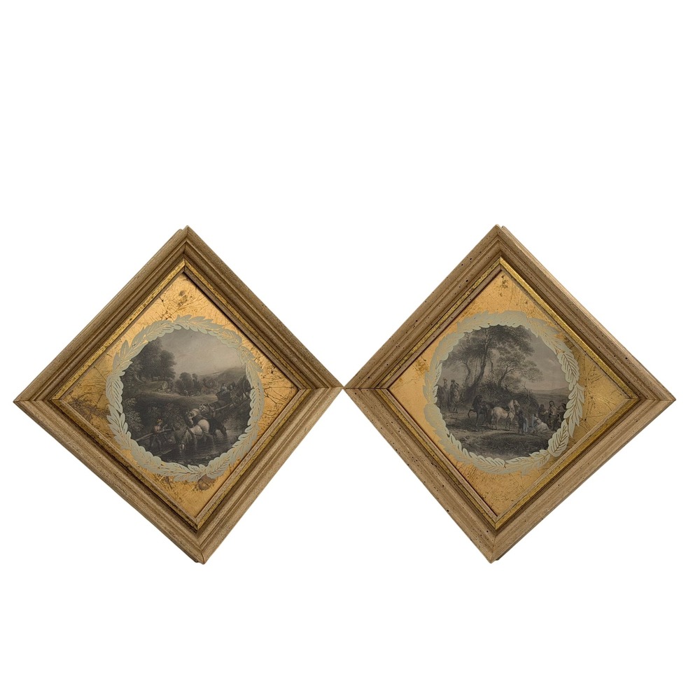 Harry Frankel Co Vintage Diamond Framed Art Set 2 Landscape Prints Gold Wood 9"